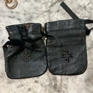 Set of 2 Vintage Black Leather Pouches with Beaded Design